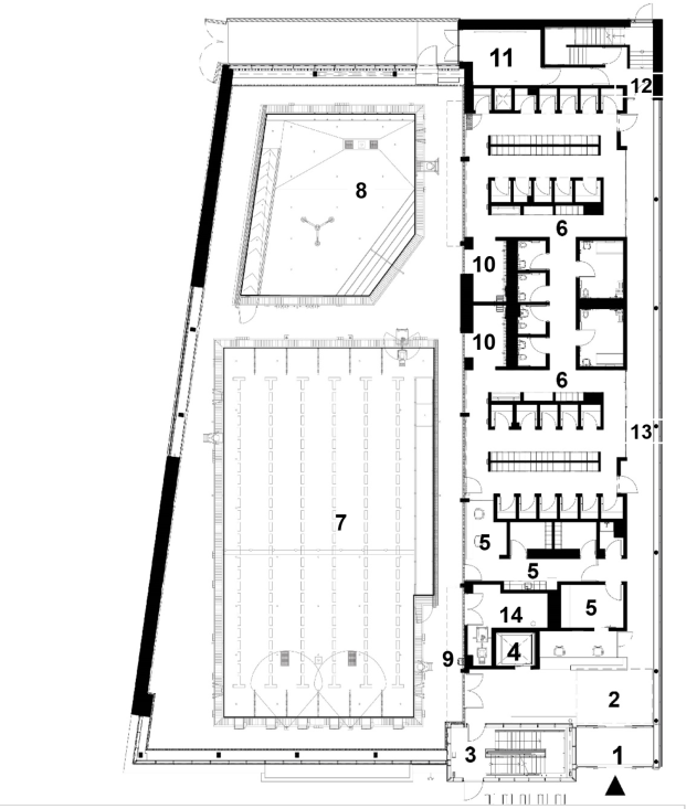 A floorplan of the main floor, with spaces labelled in the numbered list that follows.