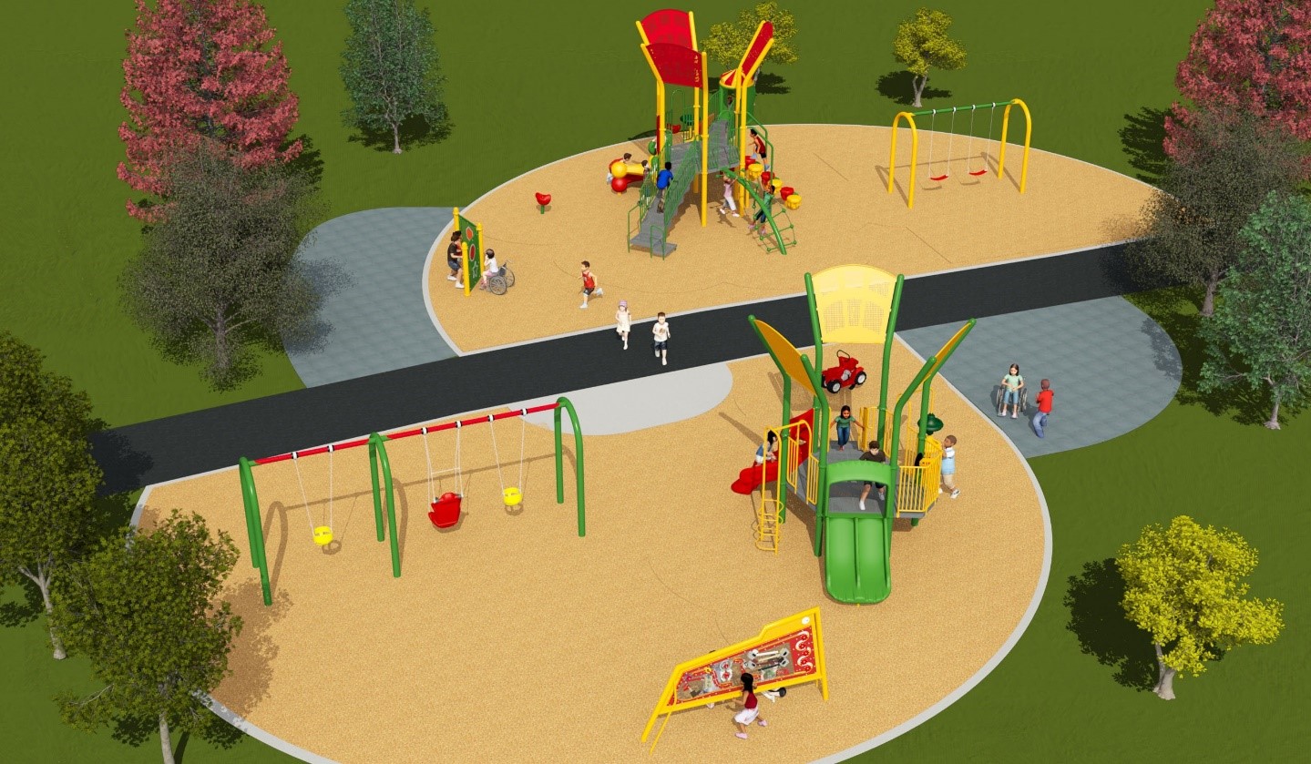 Playground Design B for the Benner Park improvements, looking to the North West to the south east. From the left to the right it includes a swing set with two toddler swings and one accessible swing, one game table, one junior play structure, one sensory panel, one sit down spin toy, one senior play structure and one swing with two belt swings.