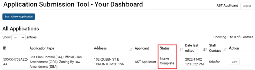 Screenshot of the Application Submission Tool Dashboard showing the new status 'Intake Complete'