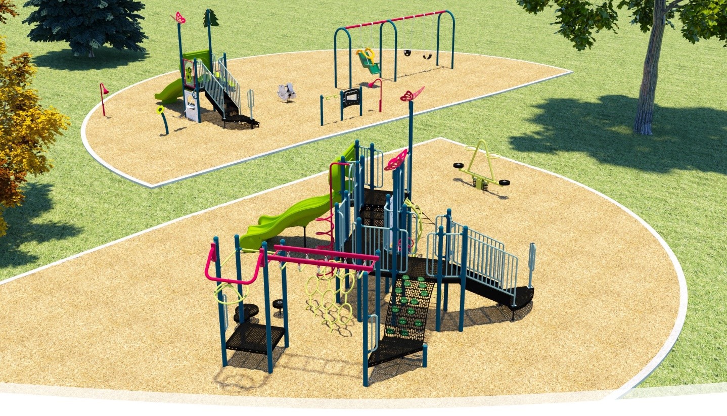 Playground Design A for the Benner Park Playground improvements, looking to the North West to the south east. From the left to the right it includes a senior play structure, one weeble totter, multiple talk tubes, one junior play structure, one play panel and one swing set with accessible swing, one toddler swing, and one belt swing.