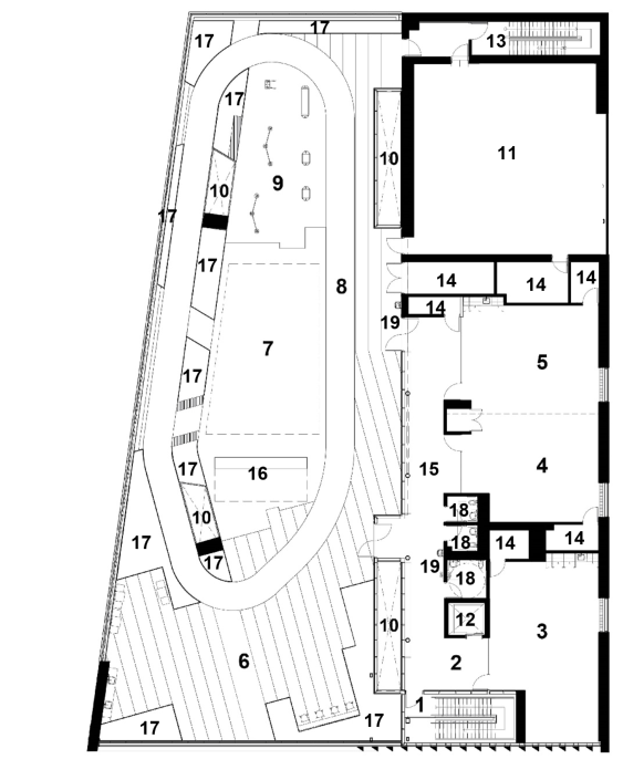 A floorplan of the third floor/rooftop, with spaces labelled in the numbered list that follows.