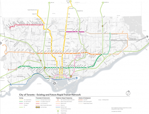 Image of map depicting Toronto's existing and future rapid transit network. While we aim to provide fully accessible content, there is no text alternative available for some of the content on this site. If you require alternate formats or need assistance understanding any of our content, please contact us at 416-392-8673 or at cmofeedback@toronto.ca.