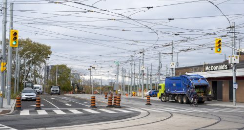 Images of construction at 416-392-0472 or kqqr@toronto.ca the King Queen Queensway Roncesvalles intersection. For more information please contact Michael Vieira at 416 392 0472 or kqqr@toronto.ca