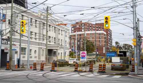 Images of construction at 416-392-0472 or kqqr@toronto.ca the King Queen Queensway Roncesvalles intersection. For more information please contact Michael Vieira at 416 392 0472 or kqqr@toronto.ca