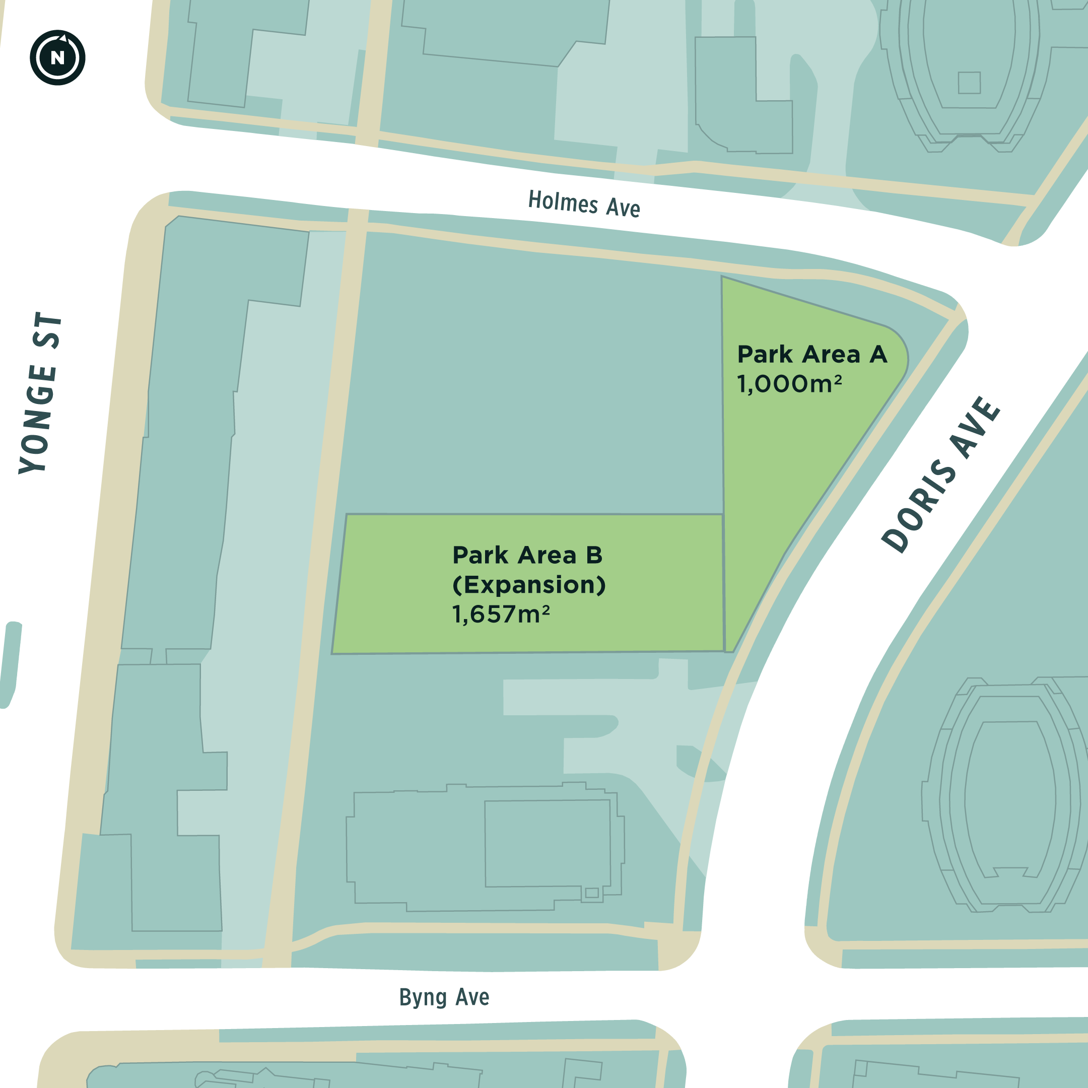 A map showing the location of the new park, located at the corner of Holmes Avenue and Doris Avenue. Park Area A is show at the intersection, is 1,00m2, and triangular in shape. Park Area B represents where the park is being expanded by 1,657m2, and is rectangular in shape and parallel to Holmes Avenue and Byng Avenue. 