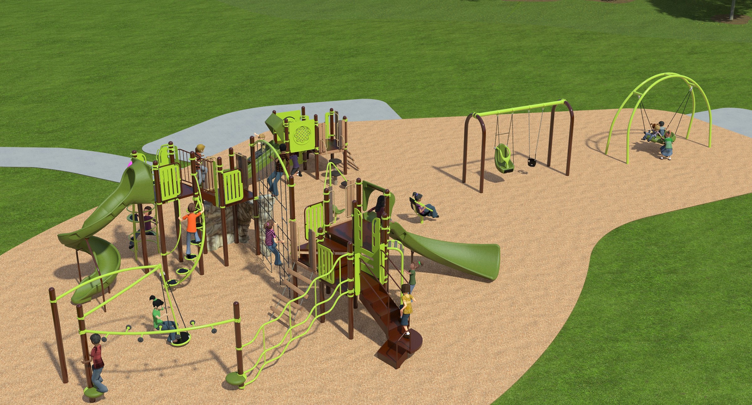 A rendering of the final playground for Spring Garden Park. From the bottom left to top right corner is a junior play structure with various features, including a slide and monkey bars. A senior play structure with various features, including a large slide, climbing options and a climbing net. A swing set with two swings (infant and accessible) and a stand-alone bucket swing set. 