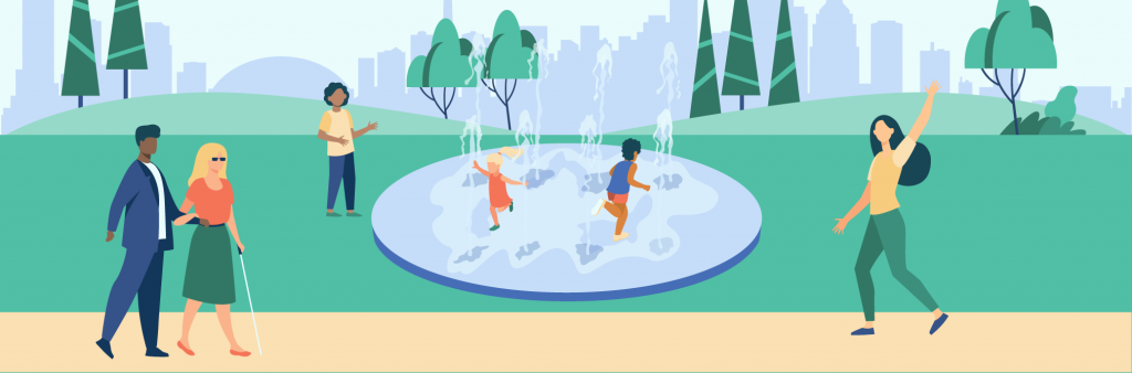 An artist illustration of a park with a splash pad in the center. There are various park users in the park, strolling along the pathway and using a mobility device. In the background is a splash pad with children running through the water spray features. The Toronto skyline is pictured in the far background.