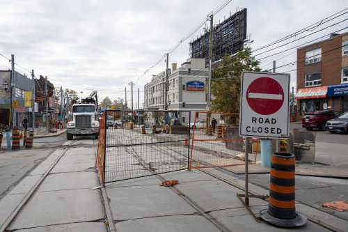 Images of construction at 416-392-0472 or kqqr@toronto.ca the King Queen Queensway Roncesvalles intersection. For more information please contact Michael Vieira at 416 392 0472 or kqqr@toronto.ca