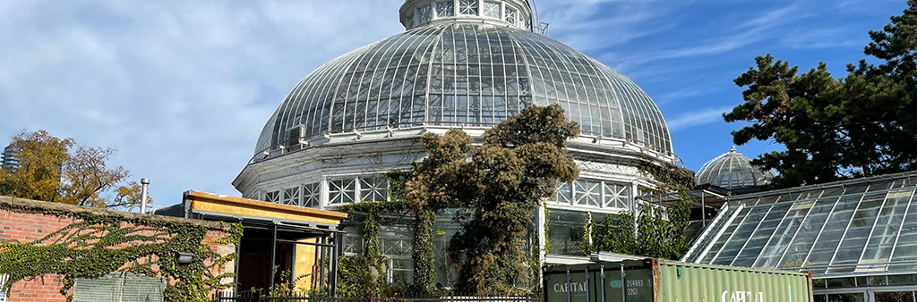 A photograph of the Palm House building in Allan Gardens which shows the domed glass panelled roof surrounded by trees and greenery.