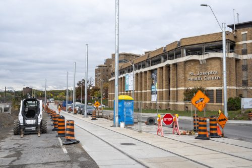 Images of construction at 416-392-0472 or kqqr@toronto.ca the King Queen Queensway Roncesvalles intersection. For more information please contact Michael Vieira at 416 392 0472 or kqqr@toronto.ca