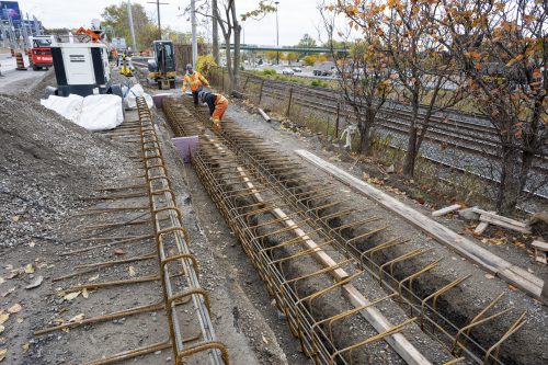 Images of construction at 416-392-0472 or kqqr@toronto.ca the King Queen Queensway Roncesvalles intersection. For more information please contact Michael Vieira at 416 392 0472 or kqqr@toronto.ca