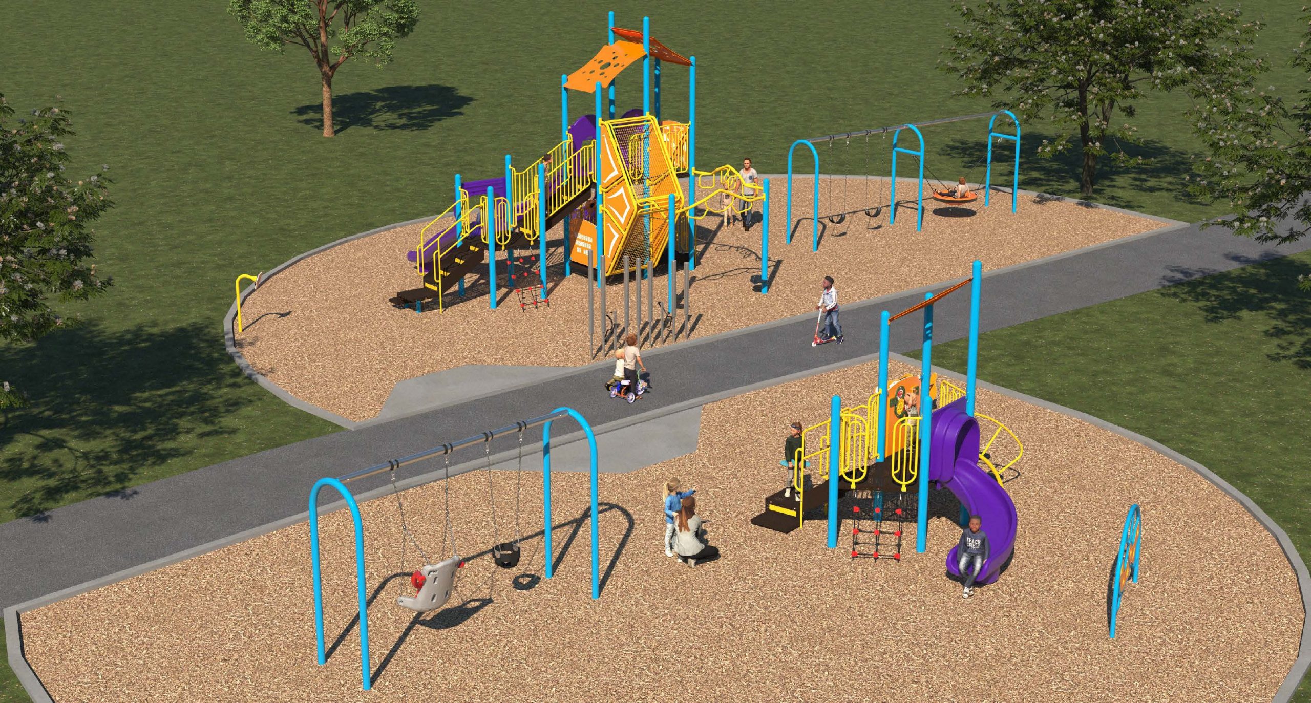 The final design for the new Benner Park Playground, which has been refined based on community feedback. It is a combination of bright colours including yellow, orange, purple and blue, and includes the play features listed below.