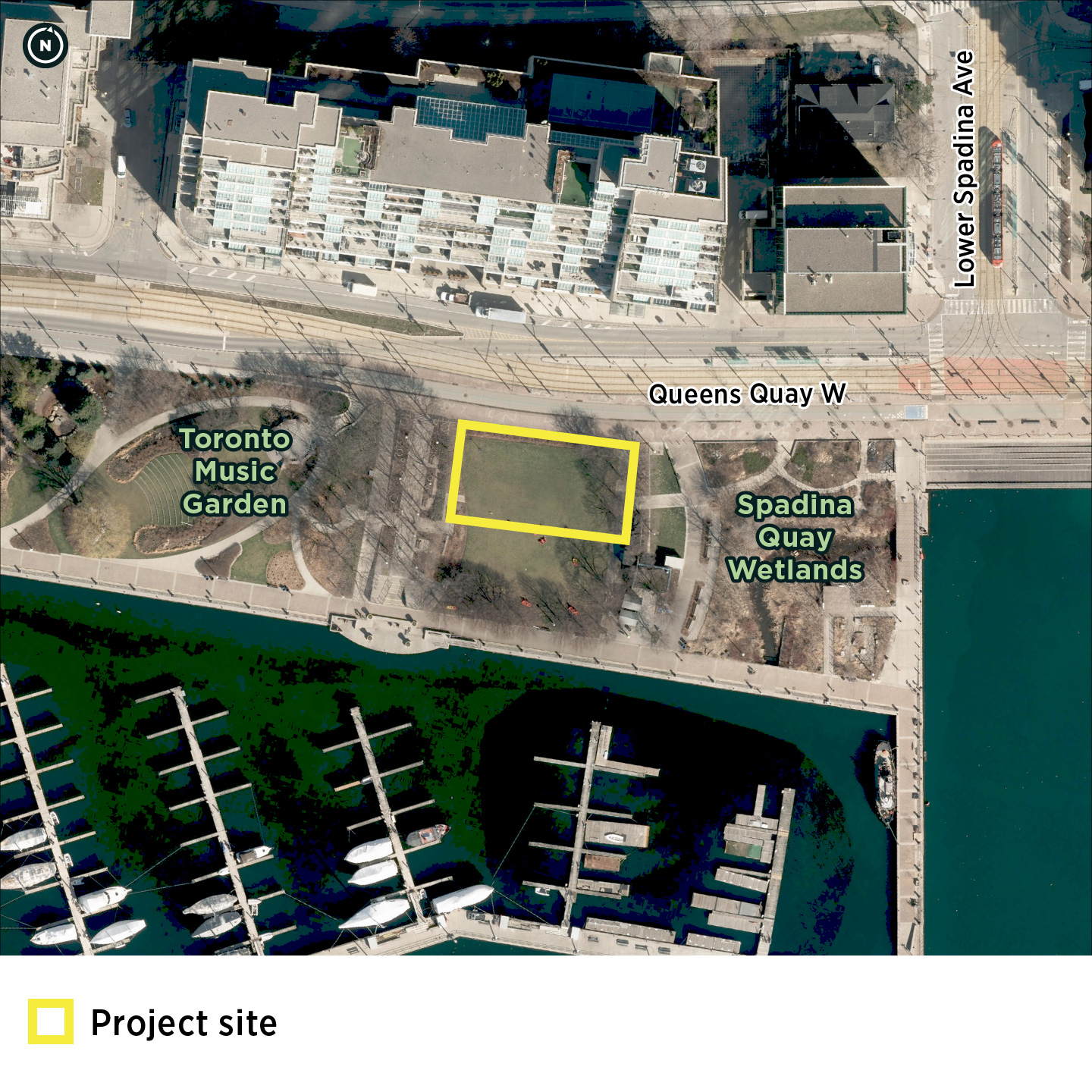 An aerial map illustrating the location of the Terry Fox Legacy art piece with a rectangular yellow box. The location is shown between Toronto Music Garden to the west and Spadina Quay Wetlands to the east. The art piece will be located along Queens Quay West. 