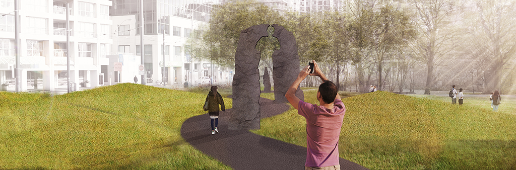 An artist rendering of the Terry Fox legacy art installation proposed for the Toronto Music Garden which shows a curved pathway with large sculpted granite stone slabs of Terry Fox, which park visitors can walk through along the path. Greenery and plants surround the pathway and art component.
