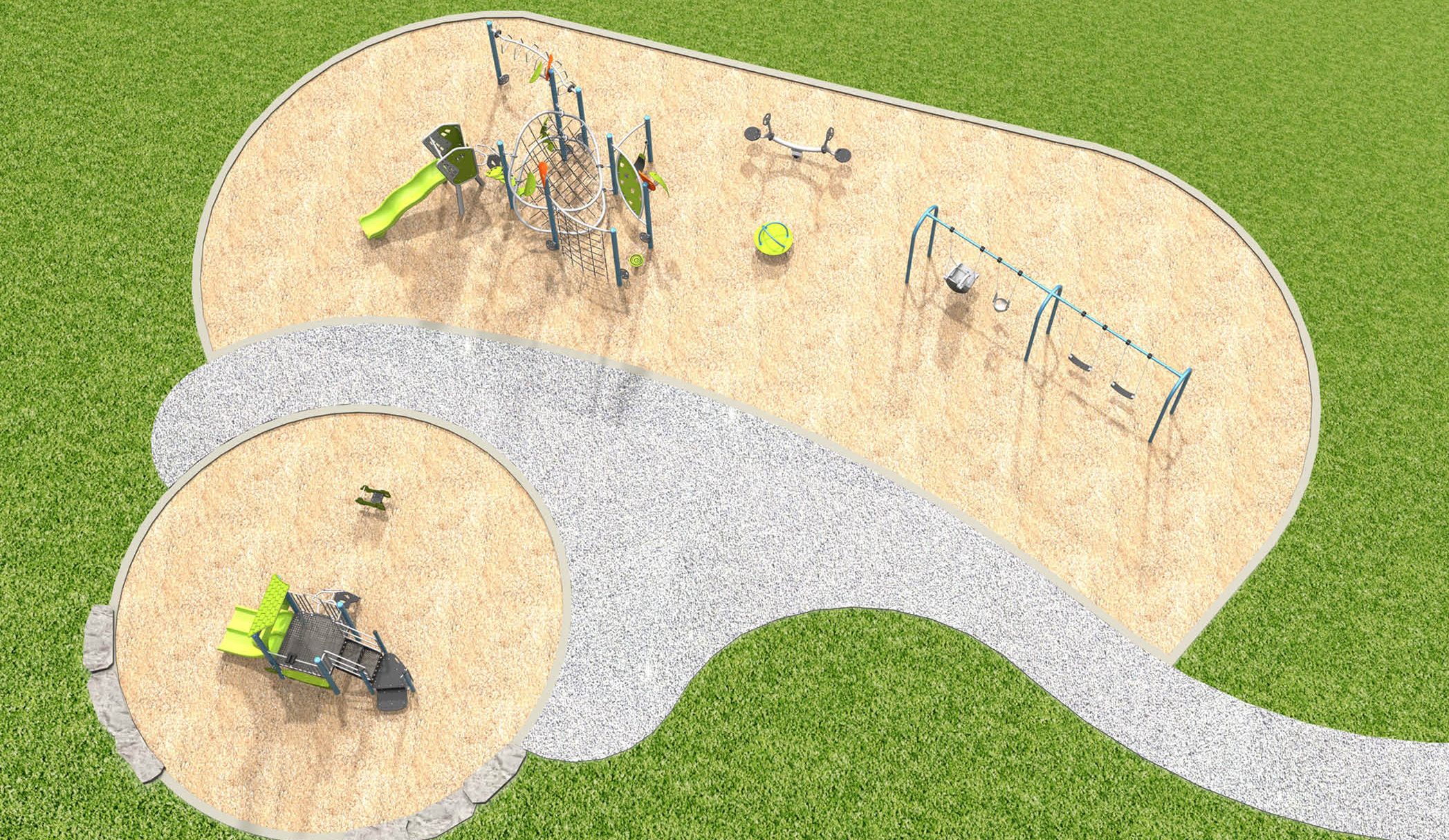 The final design for the new Elkhorn Park Playground, which has been refined based on community feedback. It will be (silver blue and lime green) and include the play features listed below.