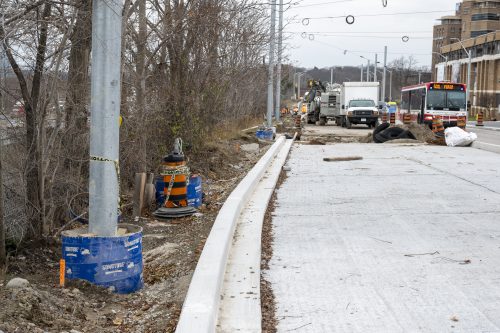 Images of construction at the King Queen Queensway Roncesvalles intersection. For more information please contact Mark De Miglio at 416 392 0472 or kqqr@toronto.ca