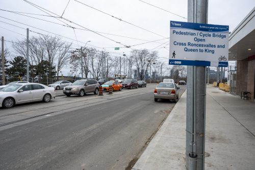 Images of construction at the King Queen Queensway Roncesvalles intersection. For more information please contact Mark De Miglio at 416 392 0472 or kqqr@toronto.ca