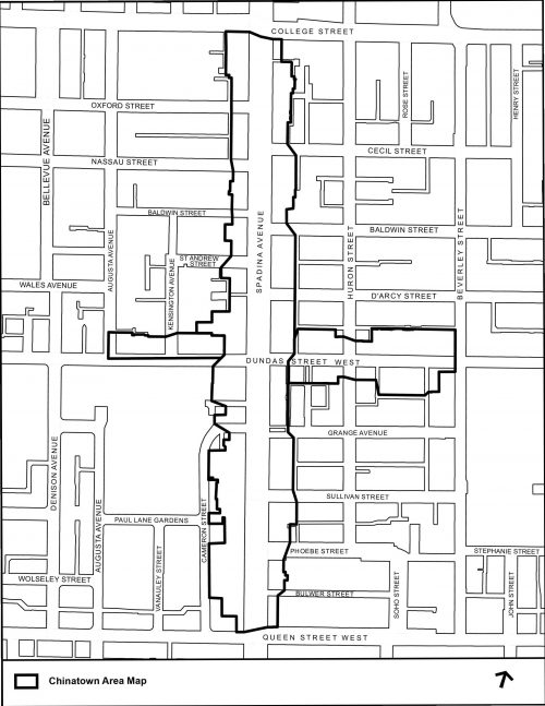 The study area is along Spadina Avenue between College Street and Queen Street West and along Dundas Street West from Beverley Street to Cameron Street. 