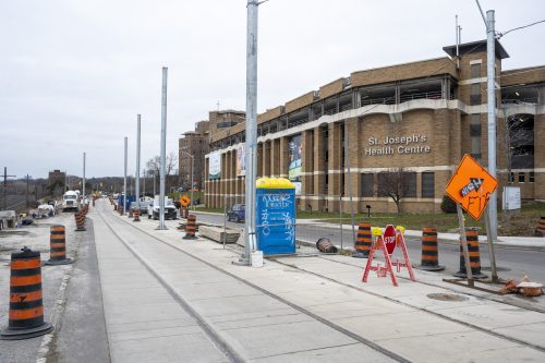 Images of construction at the King Queen Queensway Roncesvalles intersection. For more information please contact Mark De Miglio at 416 392 0472 or kqqr@toronto.ca