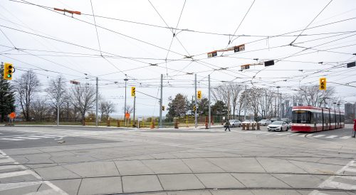 Images of construction at the King Queen Queensway Roncesvalles intersection. For more information please contact Mark De Miglio at 416 392 0472 or kqqr@toronto.ca