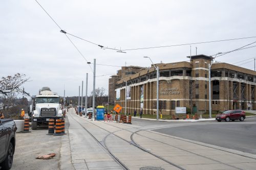 Images of construction at the King Queen Queensway Roncesvalles intersection. For more information please contact Mark De Miglio at 416 392 0472 or kqqr@toronto.ca