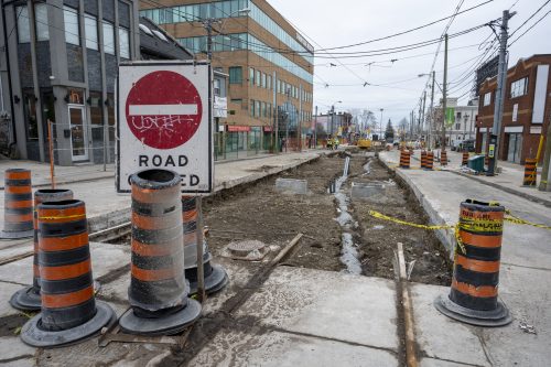 Images of construction at the King Queen Queensway Roncesvalles intersection. For more information please contact Mark De Miglio at 416 392 0472 or kqqr@toronto.ca