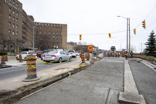 Images of construction at the King Queen Queensway Roncesvalles intersection. For more information please contact Mark De Miglio at 416 392 0472 or kqqr@toronto.ca