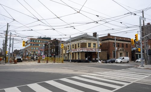 Images of construction at the King Queen Queensway Roncesvalles intersection. For more information please contact Mark De Miglio at 416 392 0472 or kqqr@toronto.ca