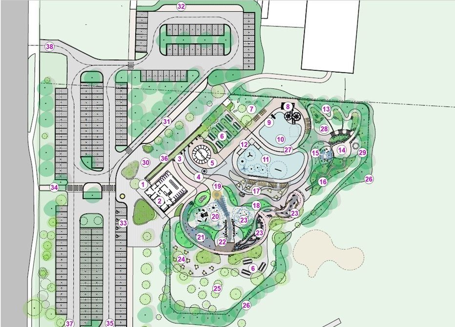 A labeled concept plan for the Kidstown redesign, with number labels as described following the image..