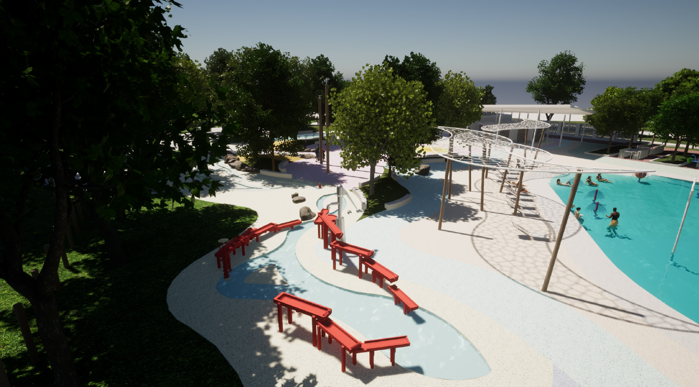 A rendering of the cognitive play areas. Cognitive play areas are accessible for children of different ages and abilities, who enjoy more calm, gentle, and thought-based play. This image shows the swale, dugouts, water tables, and pumps in the center of the image. Behind those are the forest fountains. To the right is a shade structure and seating areas, and a wading pool. The pavilion is in the background on the right. This view is from the central-south of the park, looking northwest.