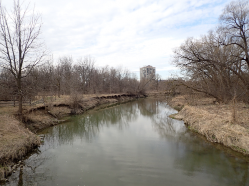 Image of West Humber River with a watermain running through it. Please contact Tracy Manolakakis for more information at 416 392 2990 or westhumberriver@toronto.ca 