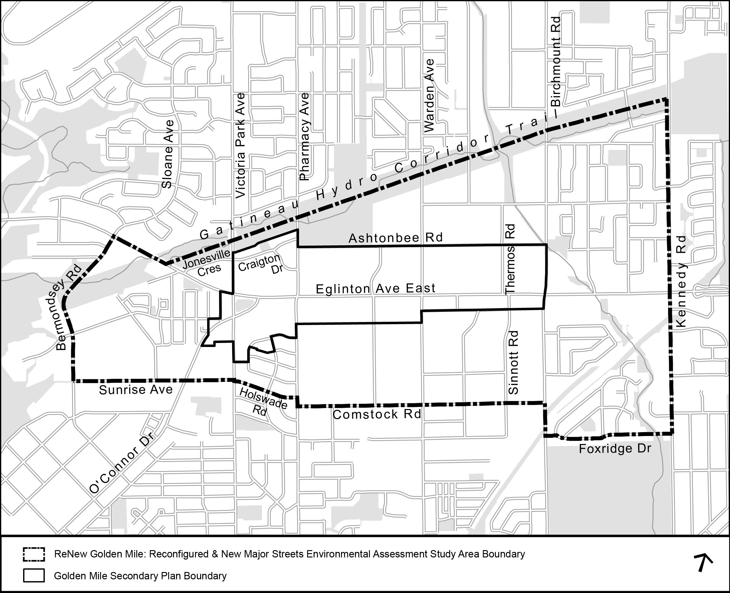 This map highlights the boundaries of the study area. The study area is bound by Bermondsey Road to the west, the Gatineau Hydro Corridor Trail to the north, Sunrise Avenue, Holswade Road, Comstock Road and Foxridge Drive to the south, and Kennedy Road to the east.