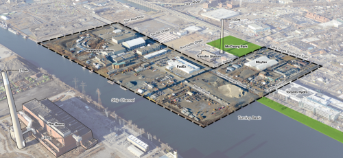 A map of the existing condition of the PIC Core Districts, Media City and Turning Basin District. This includes the location of Pinewood Studios, the FedEx warehouse, Ship Channel, Turning Basin, McCleary Park and Mayfair Clubs.