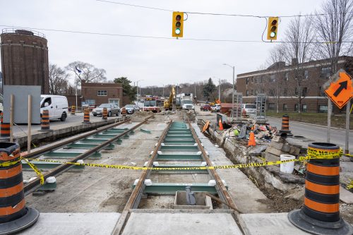 Images of construction at the King Queen Queensway Roncesvalles intersection. For more information please contact Mark De Miglio at 416 392 0472 or kqqr@toronto.ca