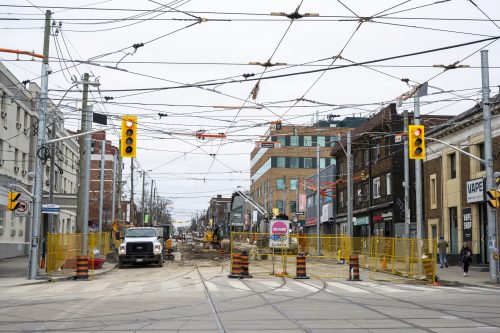 Images of construction at the King Queen Queensway Roncesvalles intersection. For more information please contact Mark De Miglio at 416 392 0472 or kqqr@toronto.ca