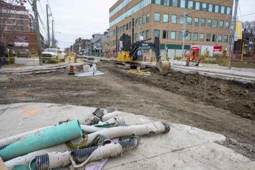 Images of construction at the King Queen Queensway Roncesvalles intersection. For more information please contact Mark De Miglio at 416 392 0472 or kqqr@toronto.ca