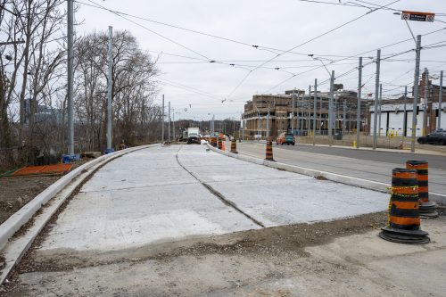 Images of construction at the King Queen Queensway Roncesvalles intersection. For more information please contact Mark De Miglio at 416 392 0472 or kqqr@toronto.ca