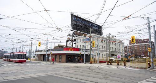 Images of construction at the King Queen Queensway Roncesvalles intersection. For more information please contact Mark De Miglio at 416 392 0472 or kqqr@toronto.ca