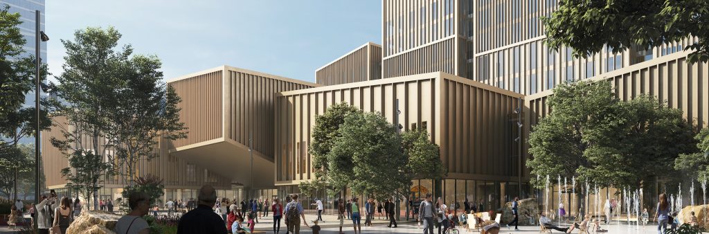 Rendering of the new Etobicoke Civic Centre building in the background, with people walking around the building.