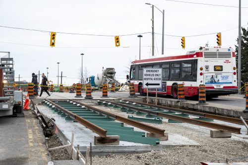 Images of construction at the King Queen Queensway Roncesvalles intersection. For more information please contact Mark De Miglio at 416 392 0472 or kqqr@toronto.ca