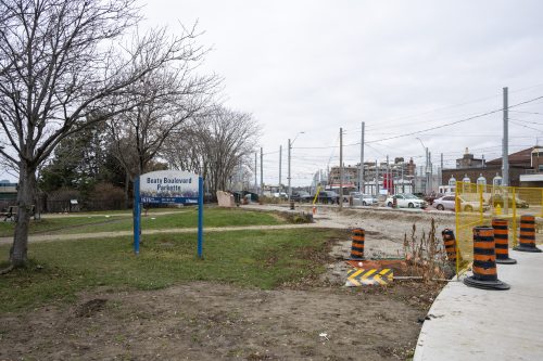 Images of construction at the King Queen Queensway Roncesvalles intersection. For more information please contact Mark De Miglio at 416 392 0472 or kqqr@toronto.ca