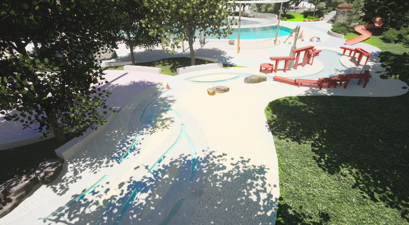 Rendering of the cognitive play areas, including canals and weirs, water tables and pumps. There is greenspace on the right and a few trees spread out on the left. In the background is the wading pool and hillside. The view is from the central-southwest of the park looking to the east.