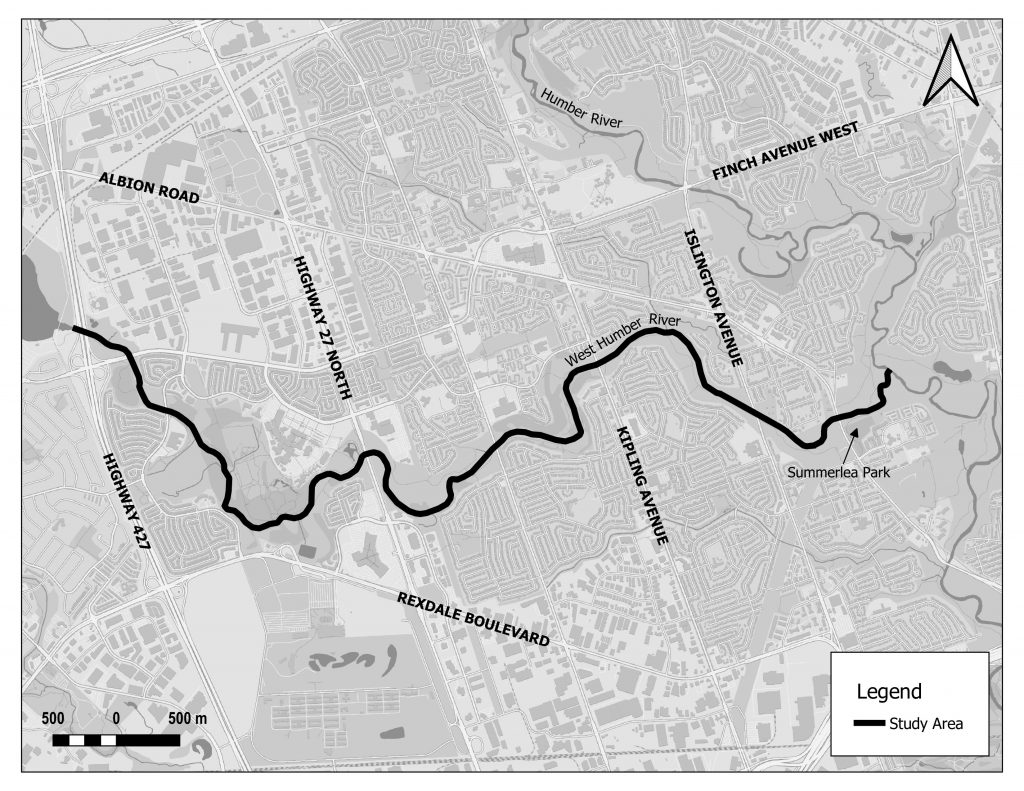 Map of the West Humber River and area from Highway 427 on the west to the Humber River on the east. Map area is roughly from Albion Road on the north to Rexdale Boulevard on the south.