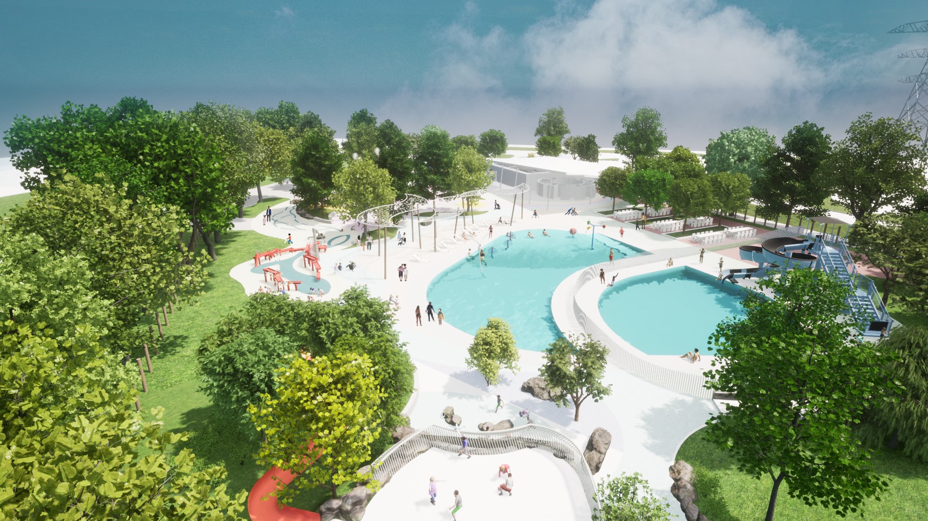 An aerial view of Kidstown looking northwest from the east side of the park. From the bottom to the top of the image: Bottom is A red hill slide connected to a viewing area on top of a small waterfall play area; Middle is a leisure pool with spiral water slide (right), a wading pool with beach entry (centre right), a shade structure with seating (centre left) and a cognitive play area (left); top is a pavilion with washrooms and change rooms (centre) and a permit seating and table area (right). The park is surrounded by trees, under a blue sky.