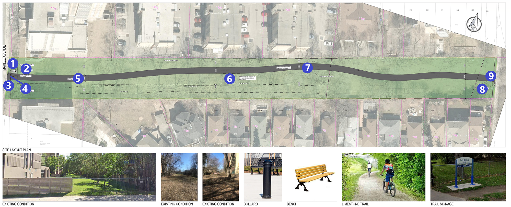 Proposed preliminary alignment for the York Beltline trail extension between Marlee Avenue and Allen Road. Proposed preliminary trail alignment includes a 3 meters limestone pathway with two entry points. The western most trail entrance is at Marlee Avenue and the eastern most entrance is near Allen Road. A bench is proposed at trail head perpendicular to Marlee Avenue. The proposed trail is situated above the existing underground garage for about half of its total length. An existing tree will be impacted by this trail alignment and will need to be removed.