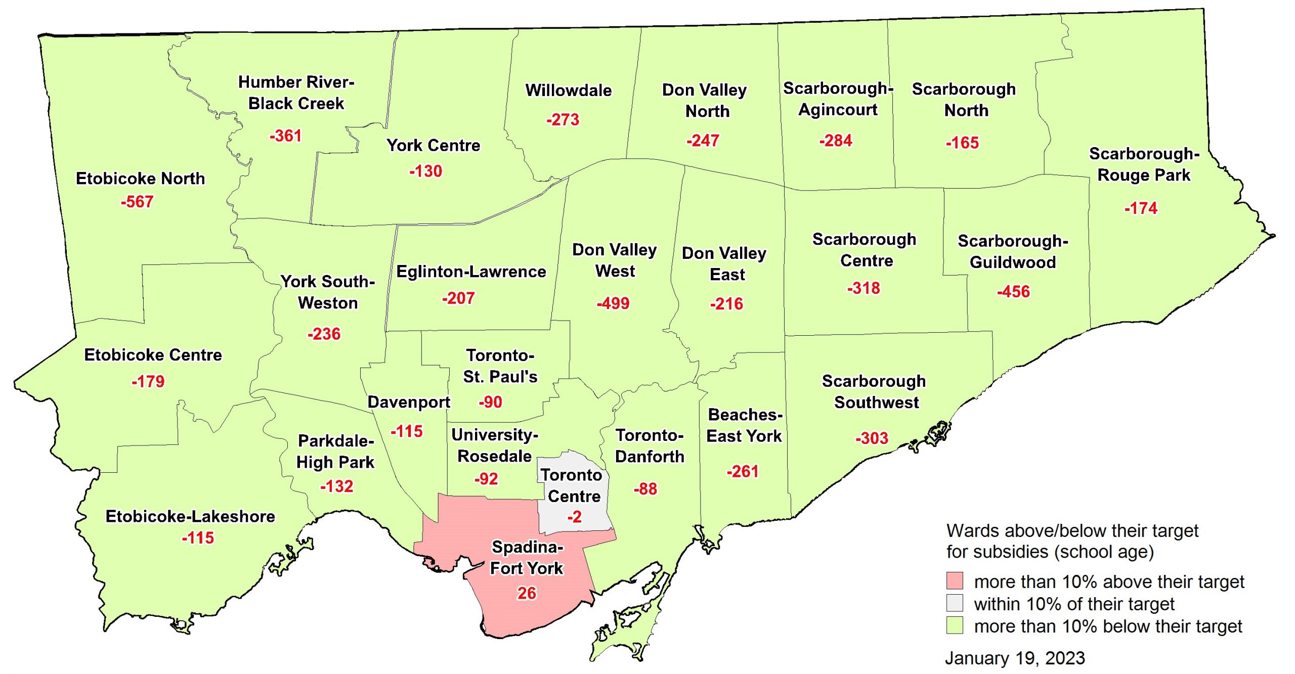 Map showing which wards are above, below or at their target number of subsidized school age children. The data for this map can be found under the header - The Data Behind the Maps.