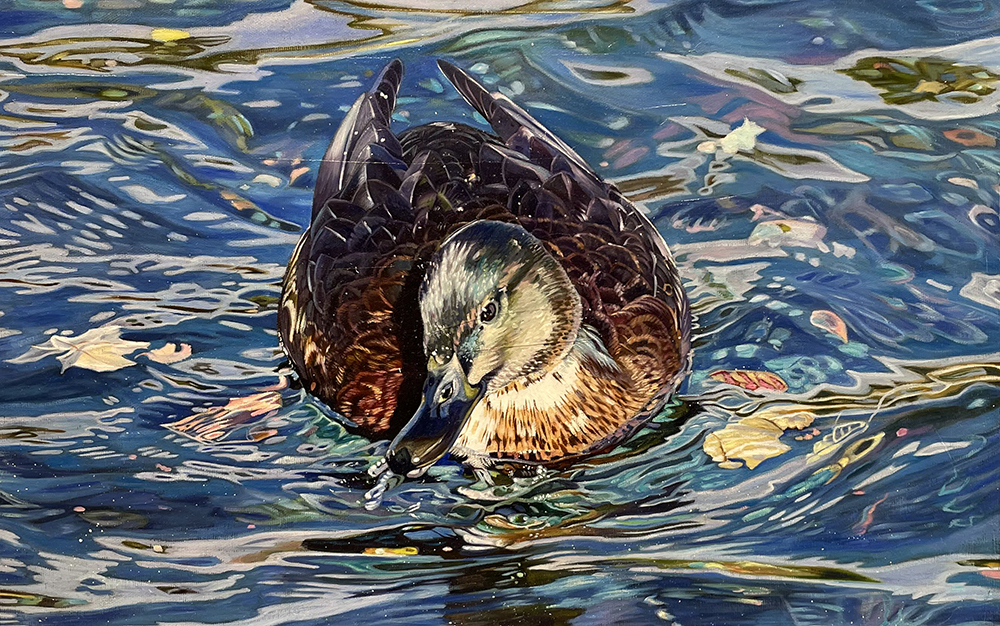 Oil painting of a brown duck swimming in blue water
