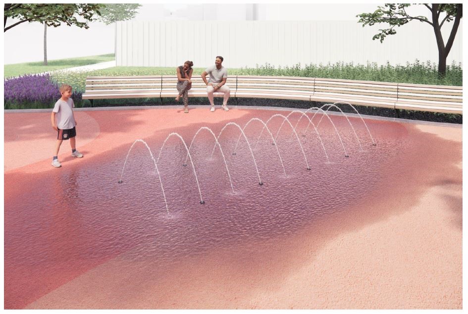 A rendering of Splash Pad Option B. In the centre of the image are in-ground water jets that create a tunnel of water to move through or under. There is a water puddle under the jets. To the left is a child playing in the water jets. Behind the jets is a long wooden bench with a back. Two people are sitting on the bench watching the child play. Under the splash pad is a colourful rubberized surface.
