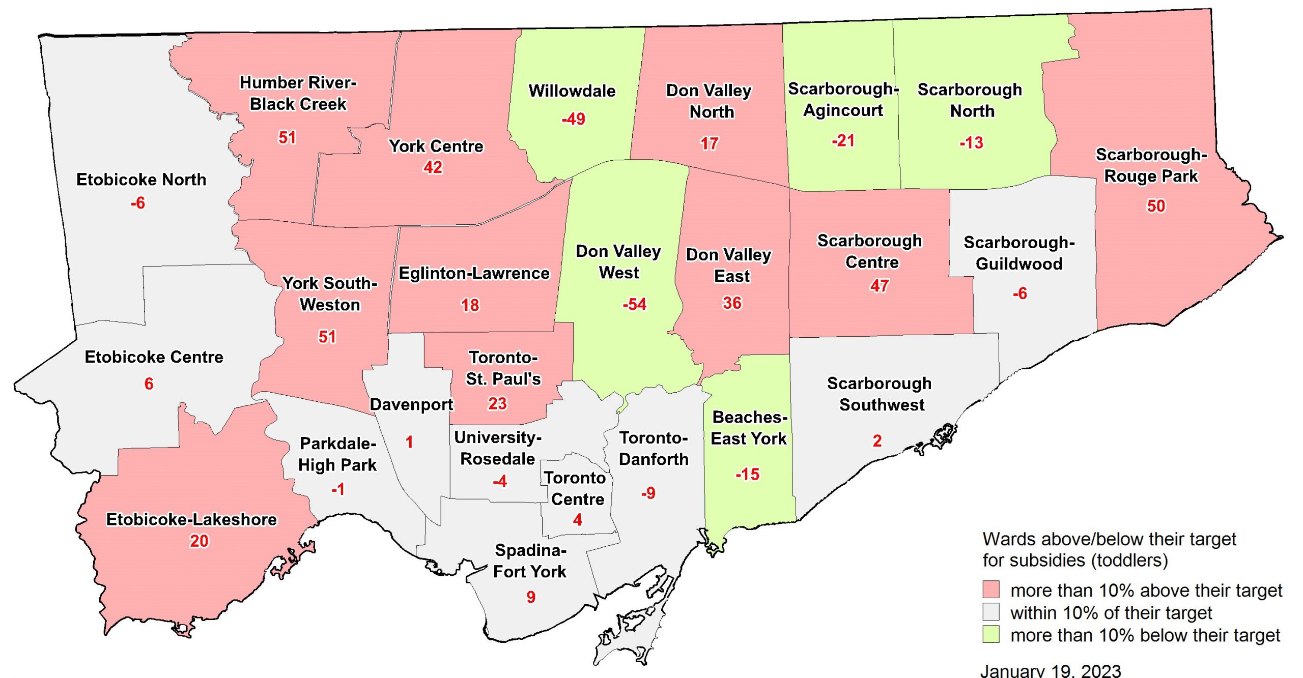 Map showing which wards are above, below or at their target number of subsidized infant children. The data for this map can be found under the header - The Data Behind the Maps.
