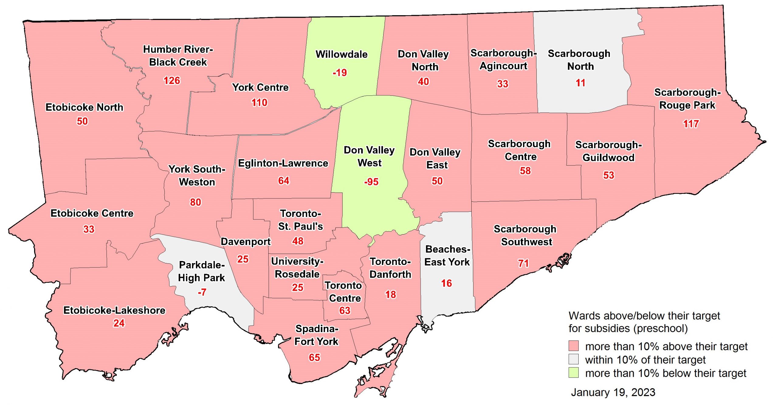 Map showing which wards are above, below or at their target number of subsidized preschool children. The data for this map can be found under the header - The Data Behind the Maps.